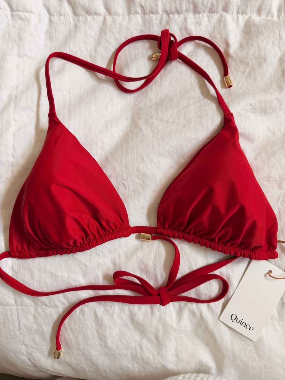 Quince Red Triangle Tie Bikini Top with Gold Accents